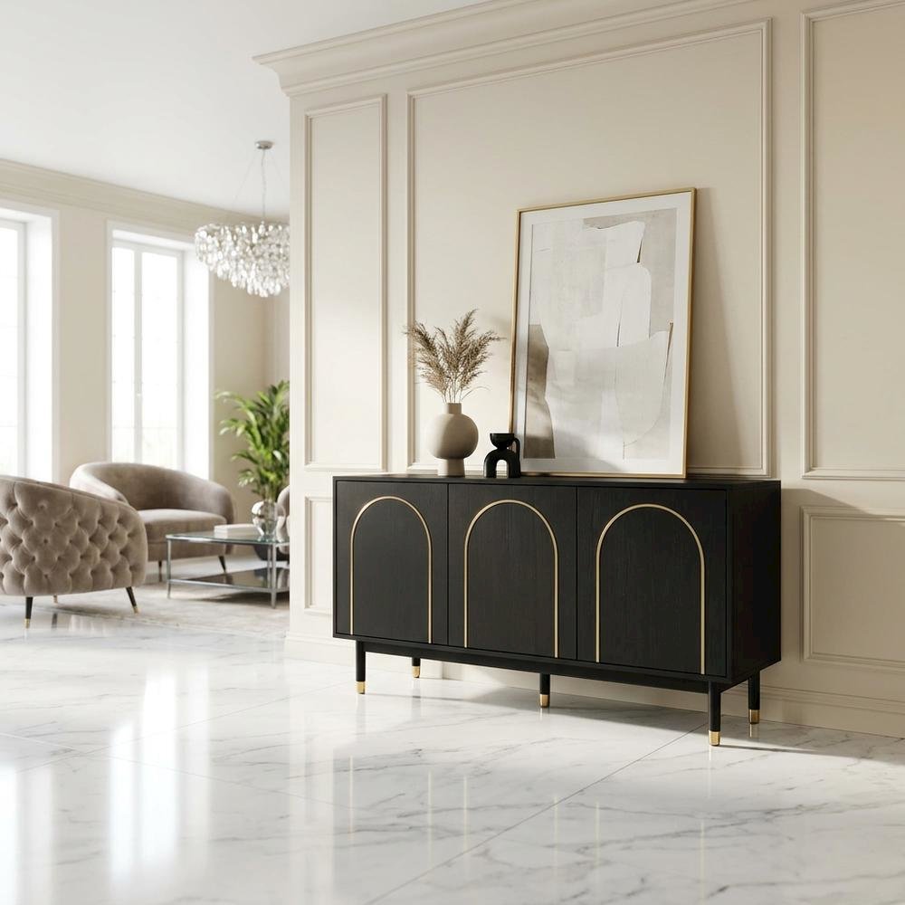 Acacia Wood Buffet Cabinet with Storage, Sideboard and Iron Legs, Black. Picture 2