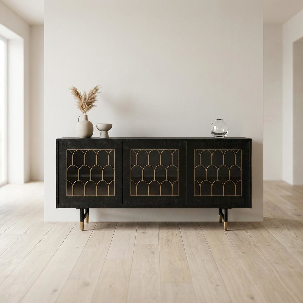 Acacia Wood Buffet Cabinet with Storage, Sideboard and Iron Legs, Black. Picture 4