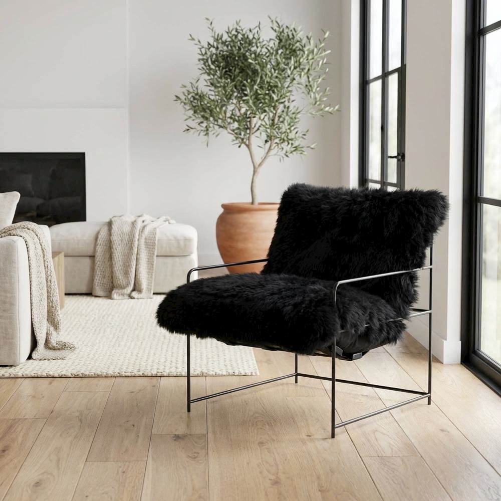 Sheepskin Accent Armchair with Black Iron Legs and PP Fiber Fill. Picture 2