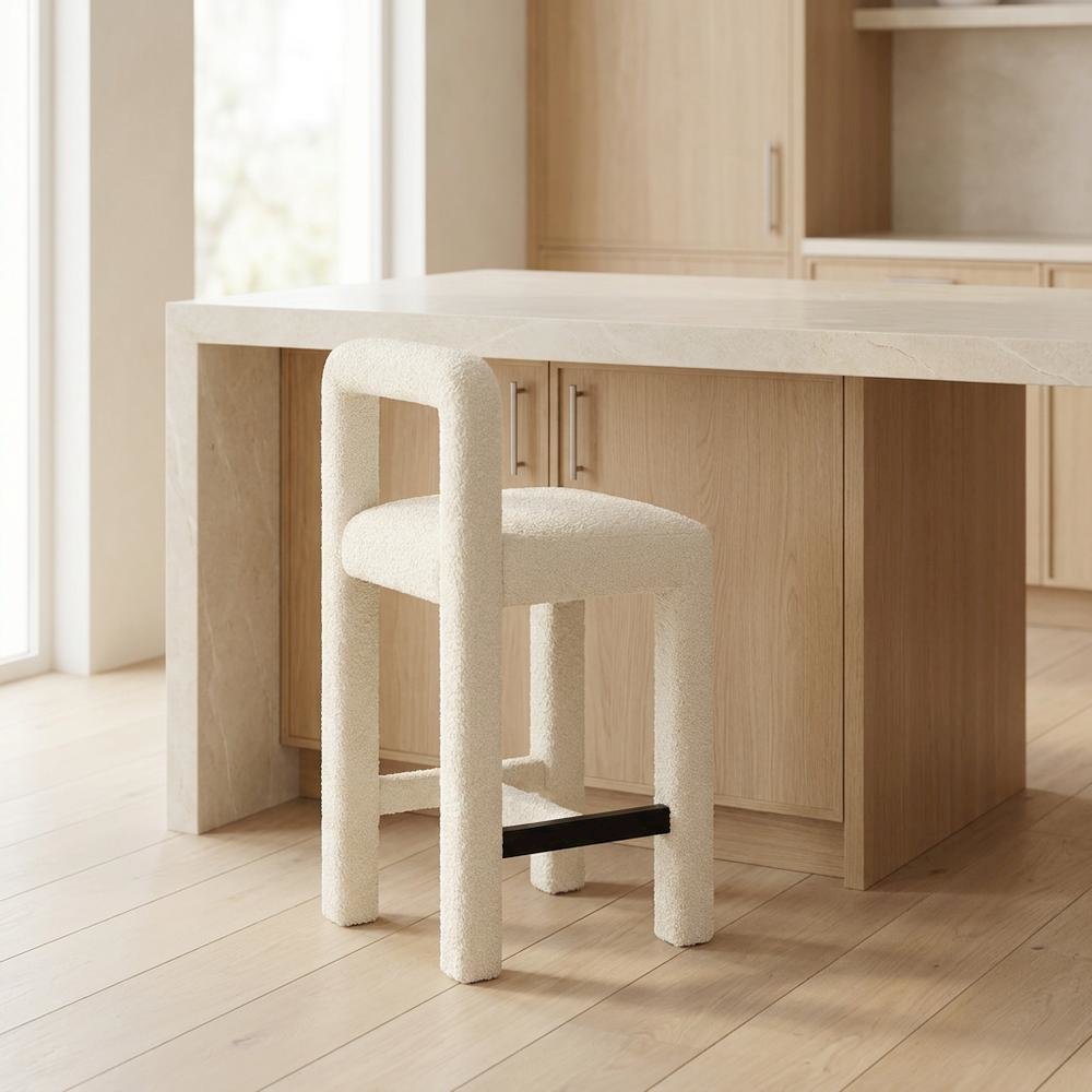 Cream Boucle Counter Stool with Upholstered Seat and Modern Design. Picture 2