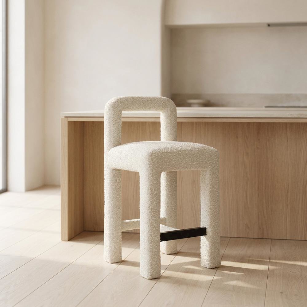 Cream Boucle Counter Stool with Upholstered Seat and Modern Design. Picture 4