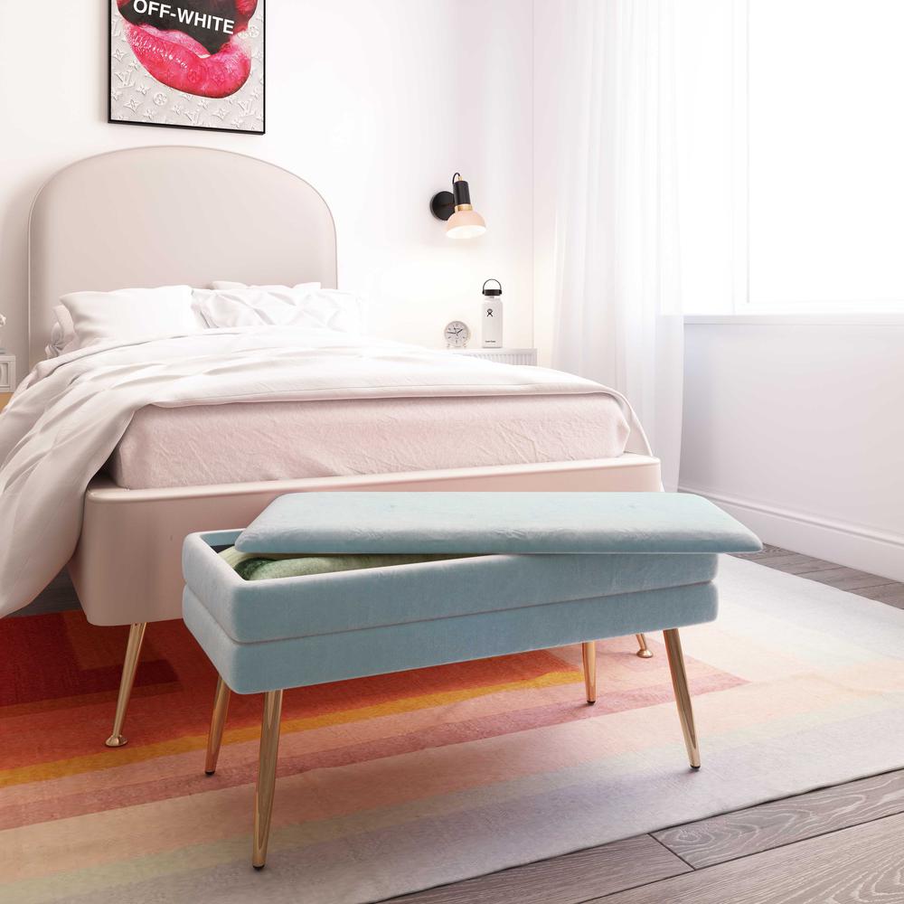 Ziva Sea Blue Velvet Storage Bench. Picture 7
