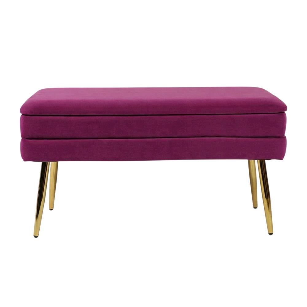 Purple Velvet Storage Bench with Gold Legs and Spacious Seating. Picture 5