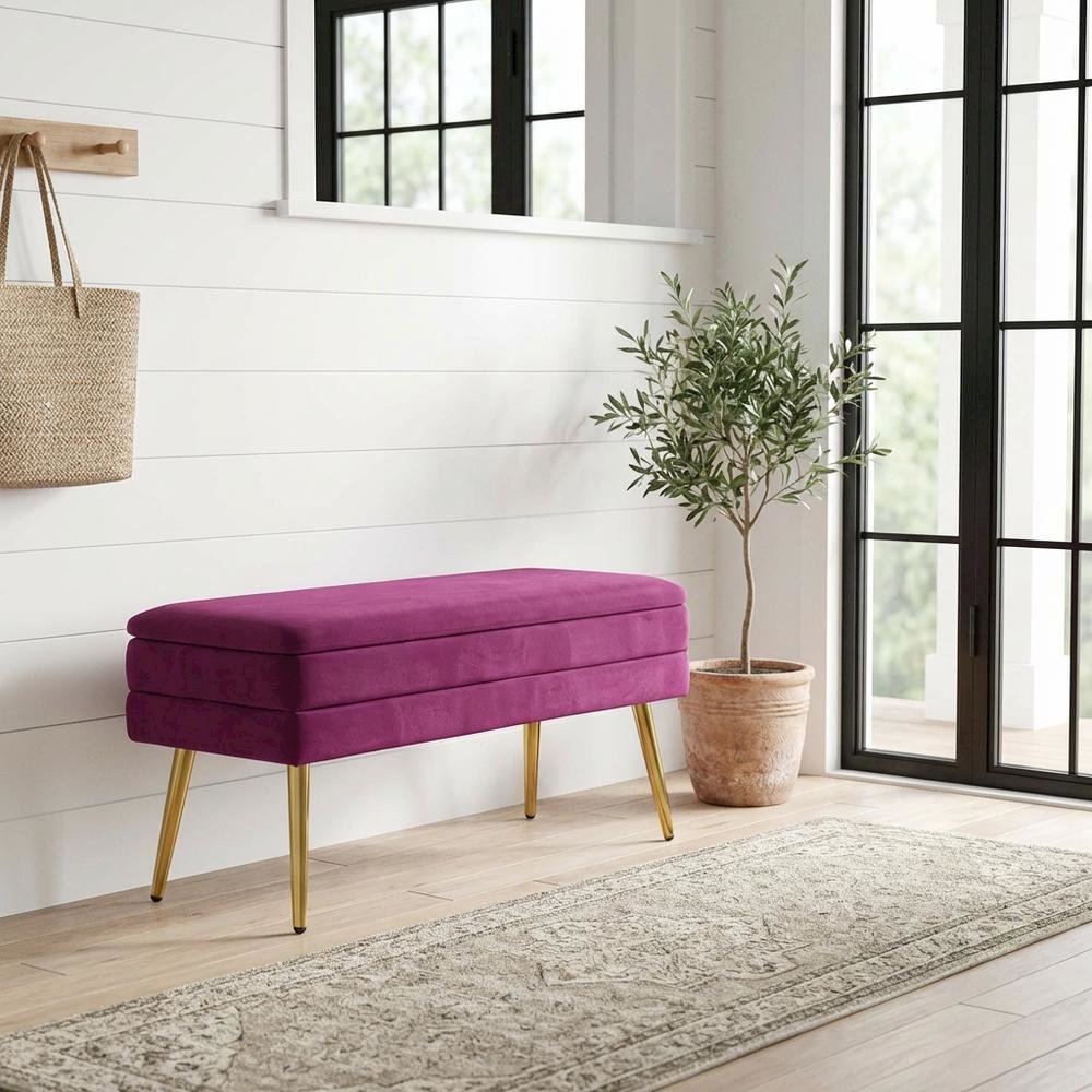 Purple Velvet Storage Bench with Gold Legs and Spacious Seating. Picture 2