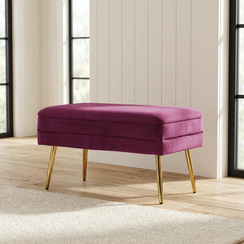 Purple Velvet Storage Bench with Gold Legs and Spacious Seating. Picture 7
