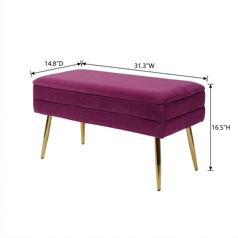 Purple Velvet Storage Bench with Gold Legs and Spacious Seating. Picture 8