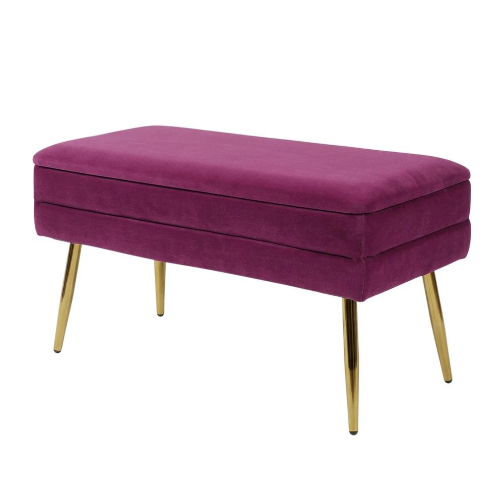 Purple Velvet Storage Bench with Gold Legs and Spacious Seating. Picture 6