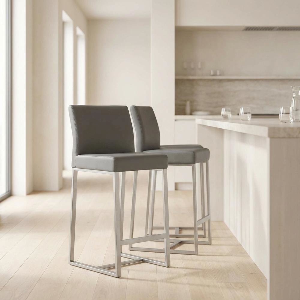 Grey Stainless Steel Counter Stool Set with Fiber-Wrapped Foam Seats. Picture 2