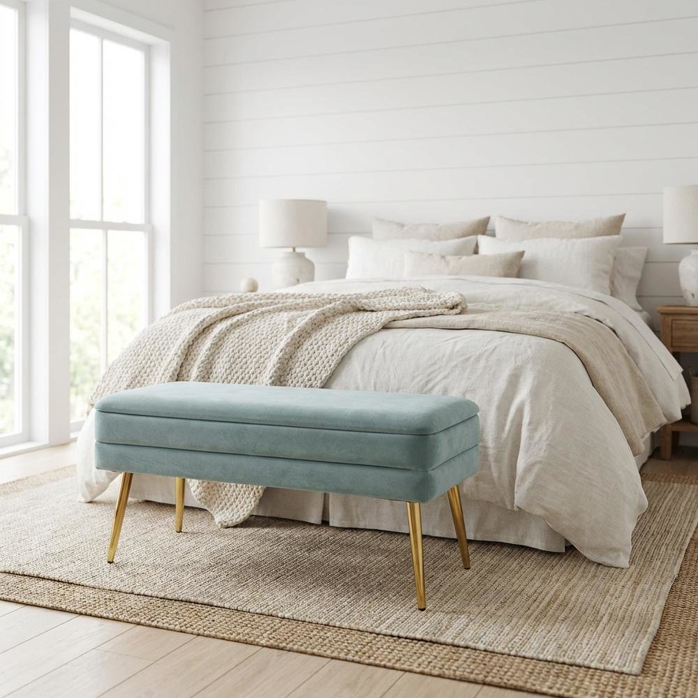 Sea Blue Velvet Storage Bench with Gold Leg Detailing for Living Room. Picture 2