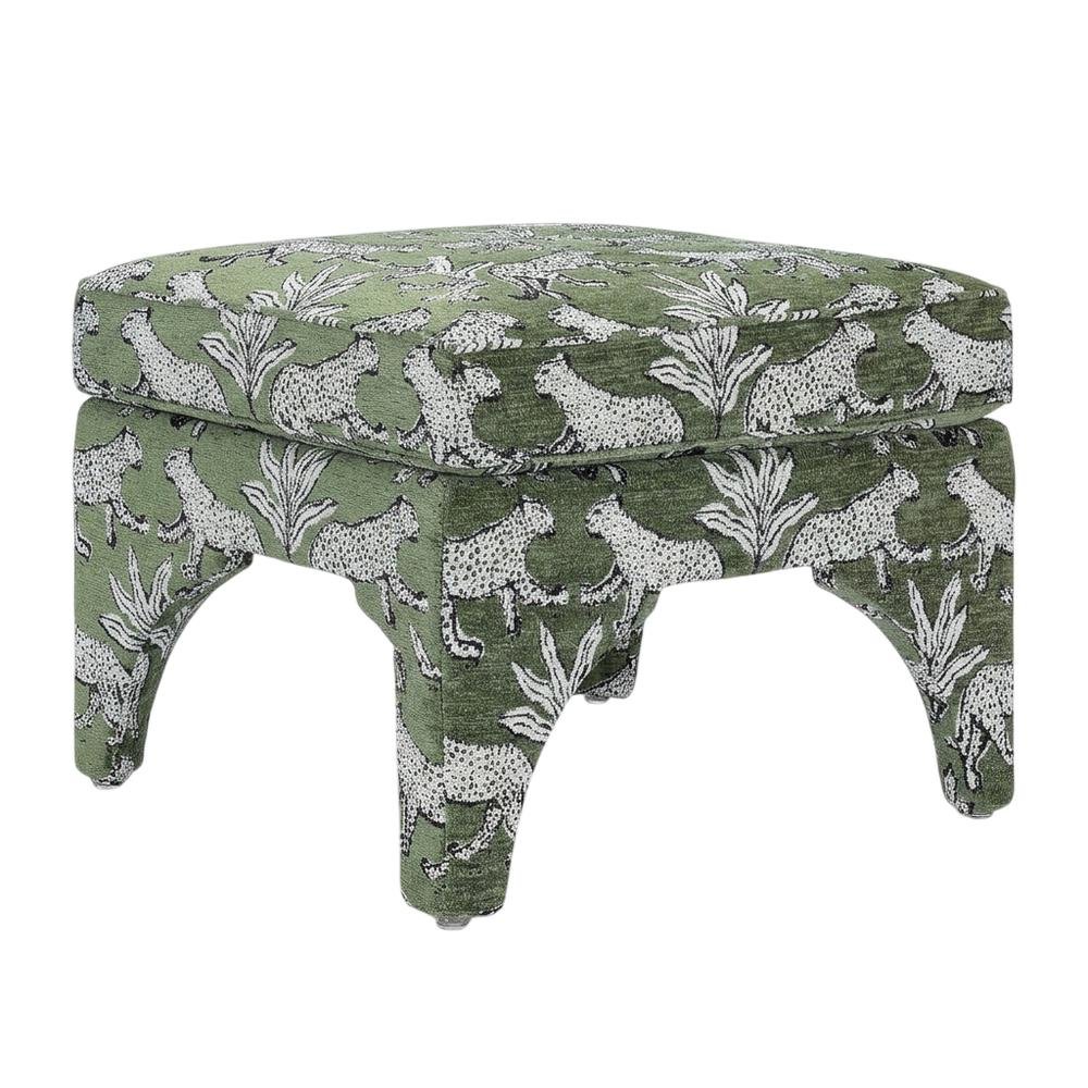 Olive Green Leopard Jacquard Ottoman, Bold Patterned Statement Seat. Picture 1