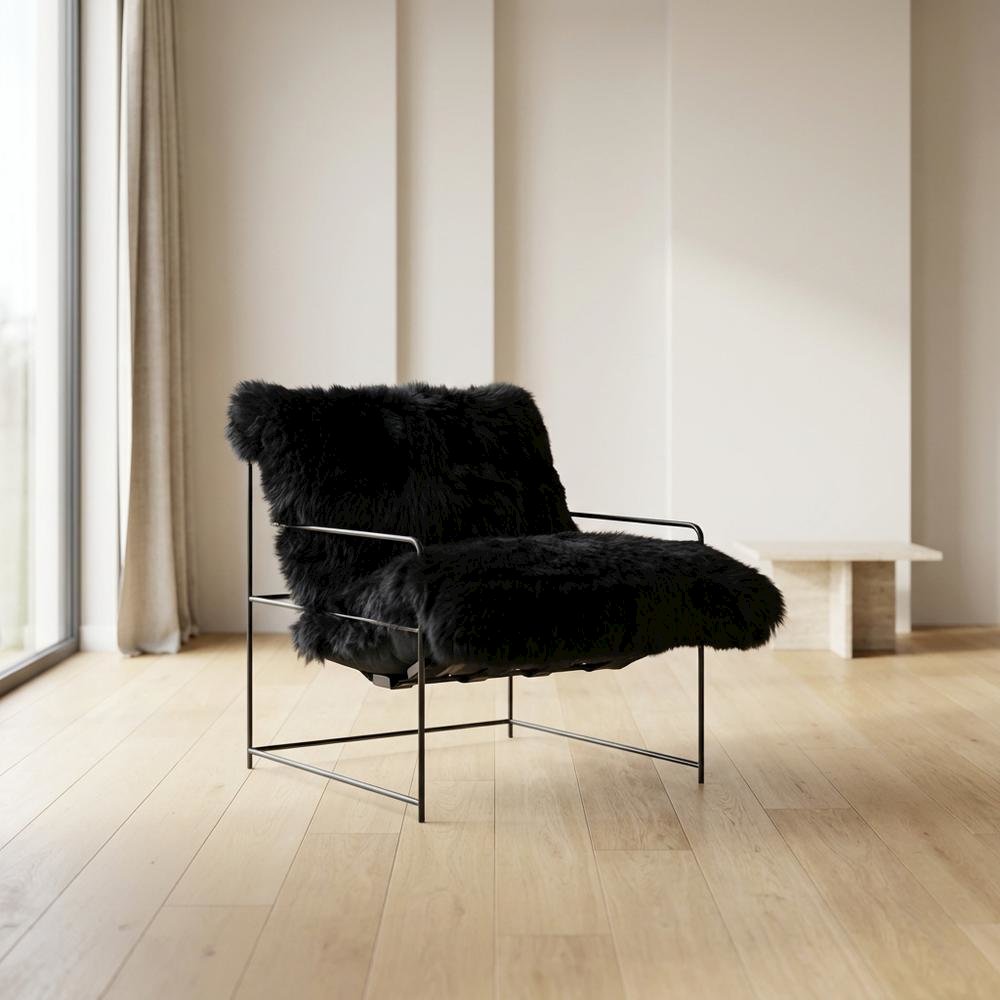 Sheepskin Accent Armchair with Black Iron Legs and PP Fiber Fill. Picture 10