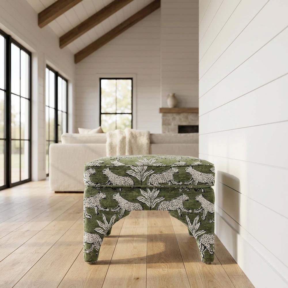 Olive Green Leopard Jacquard Ottoman, Bold Patterned Statement Seat. Picture 2