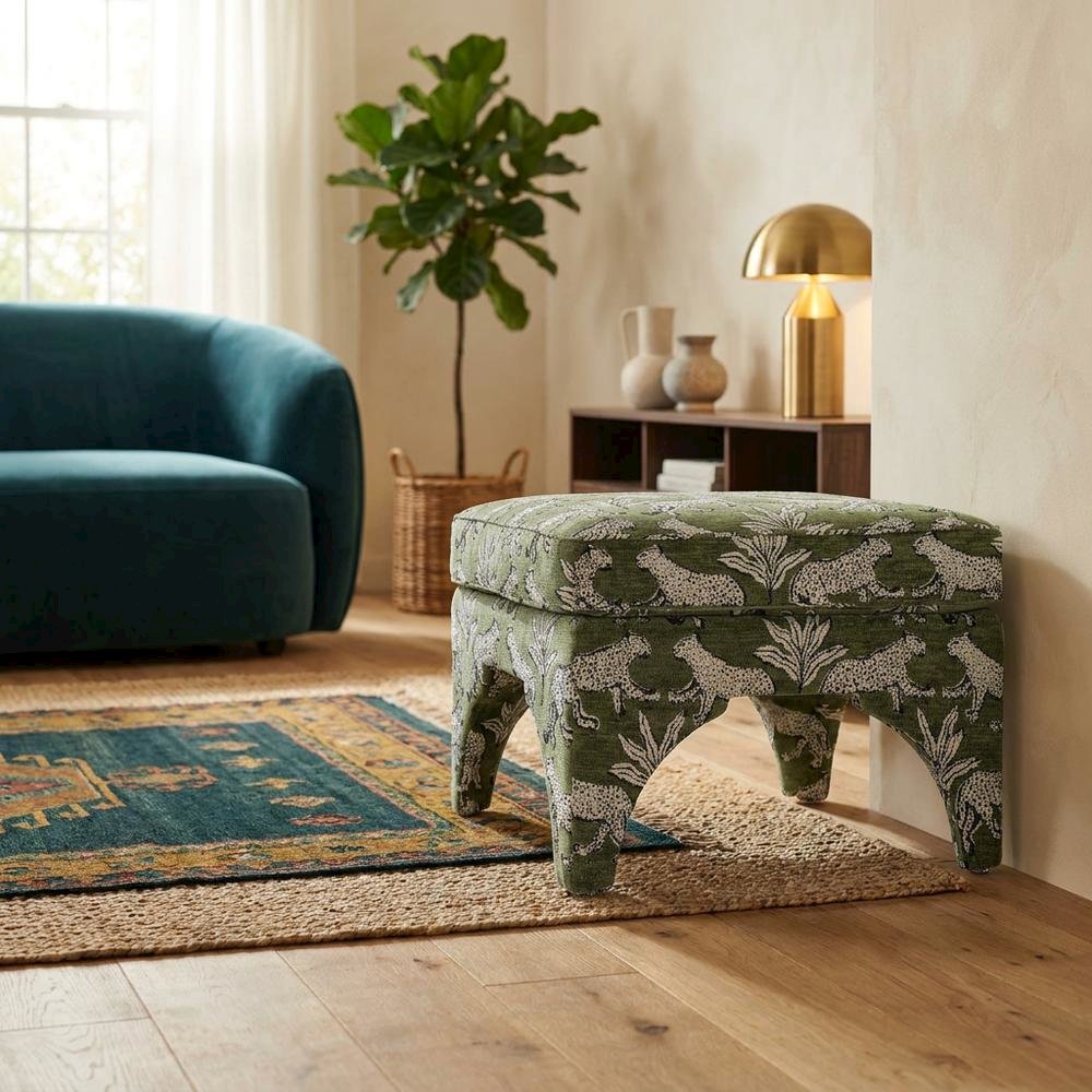 Olive Green Leopard Jacquard Ottoman, Bold Patterned Statement Seat. Picture 3