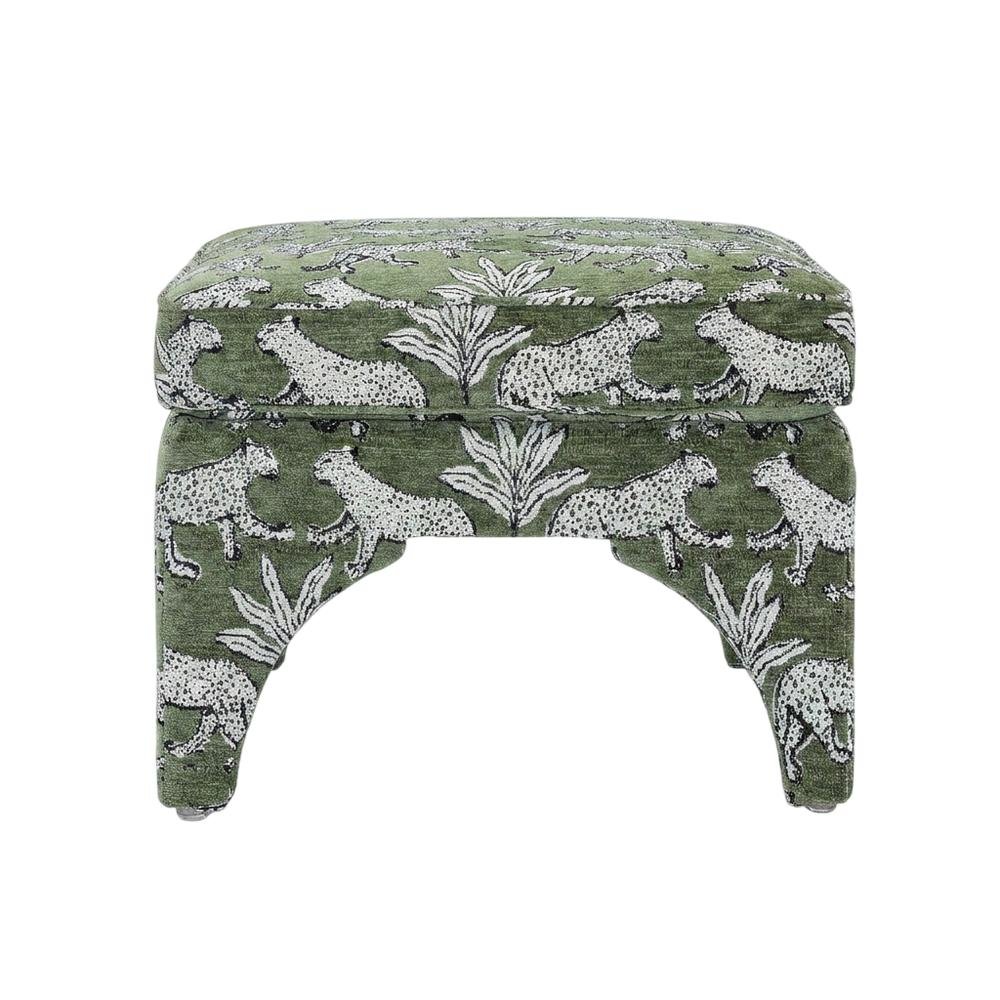 Olive Green Leopard Jacquard Ottoman, Bold Patterned Statement Seat. Picture 4