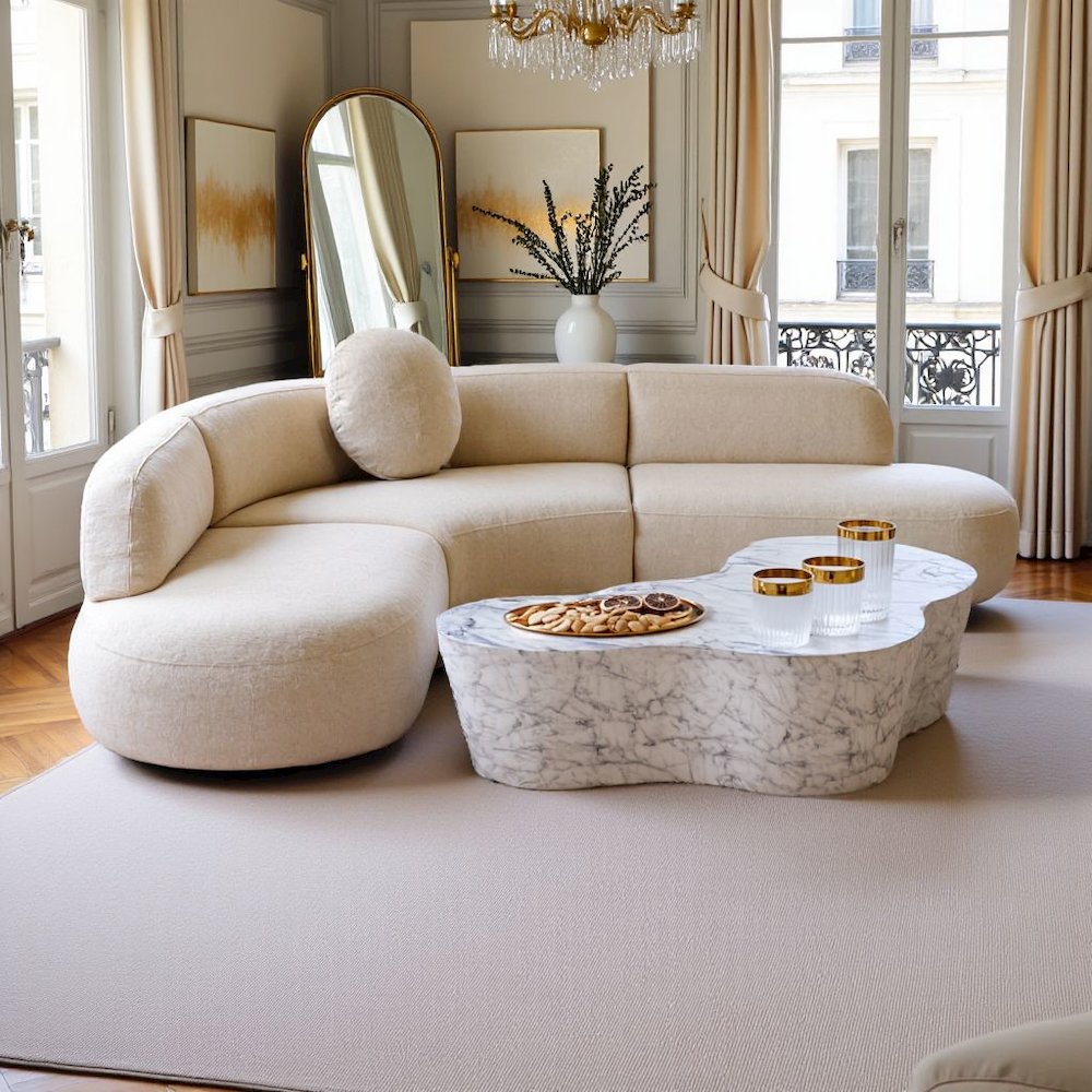 Modern White Stone Coffee Table with Marble Veneer Concrete Finish. Picture 2