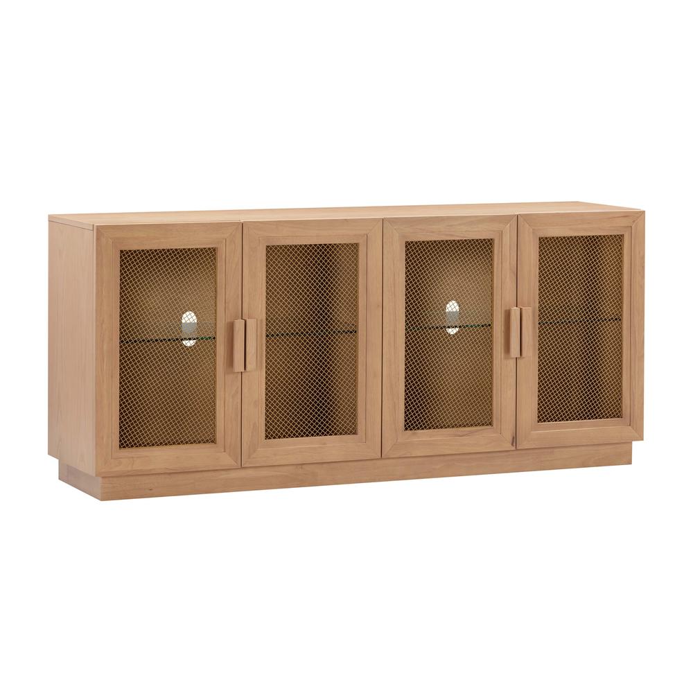 Elegant Blue Media Console Featuring Ash Veneer and Glass Shelving. Picture 1
