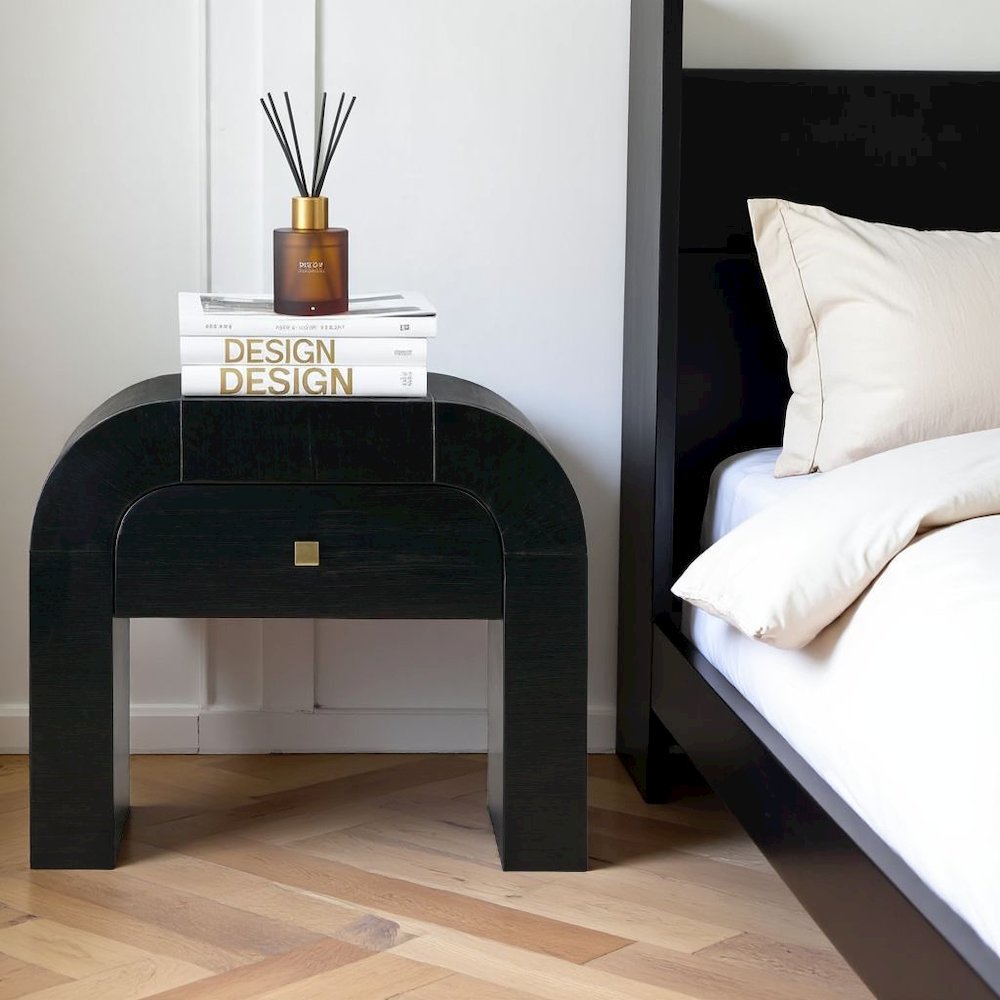 Black Nightstand With 1 Drawer And Rounded Frame, Small Bedside Table Design. Picture 2