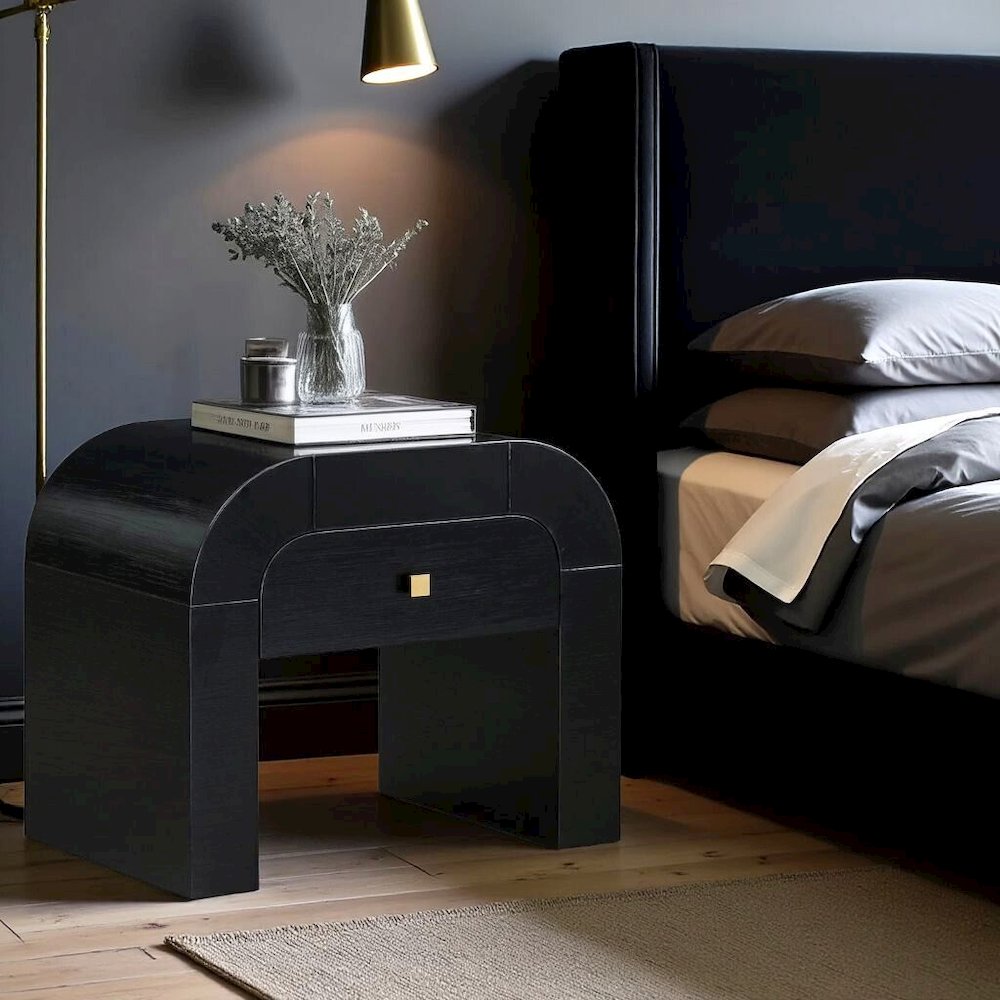 Black Nightstand With 1 Drawer And Rounded Frame, Small Bedside Table Design. Picture 3