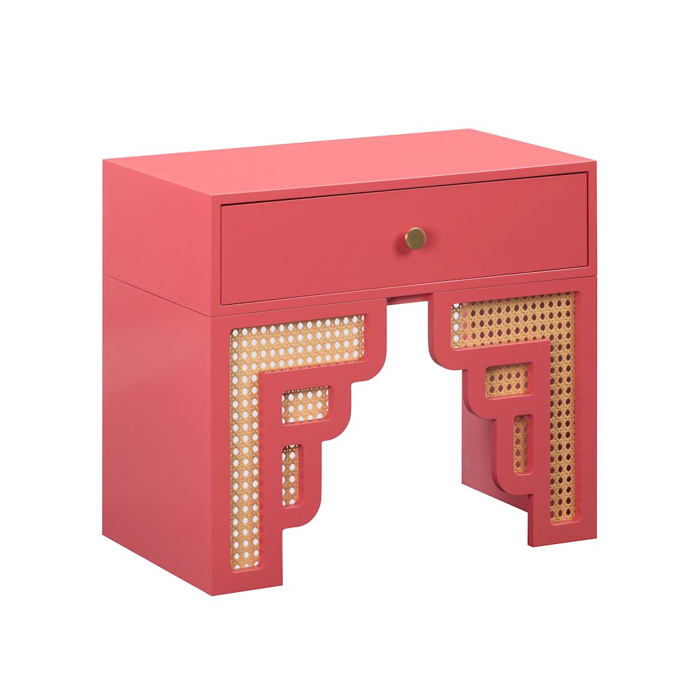 Suzie Coral Pink & Rattan Nightstand. Picture 1