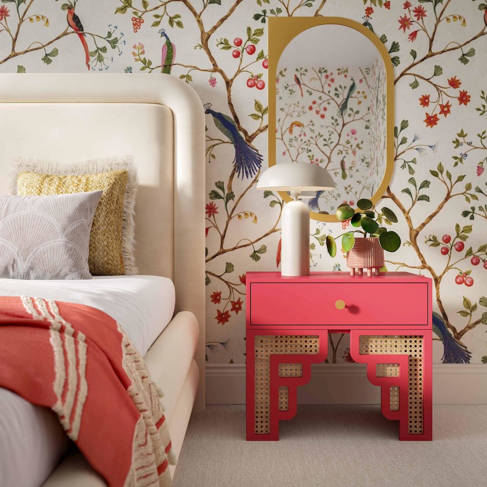 Suzie Coral Pink & Rattan Nightstand. Picture 2
