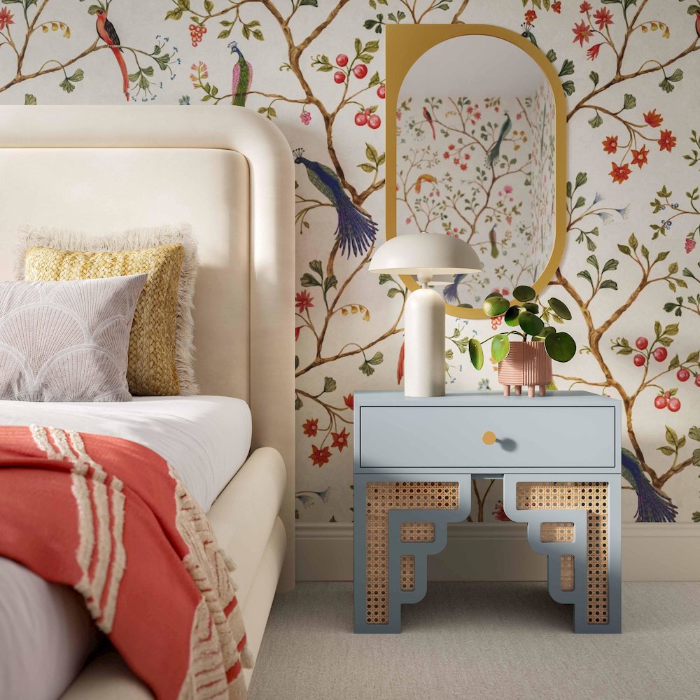 Suzie Pastel Blue & Rattan Nightstand. Picture 6