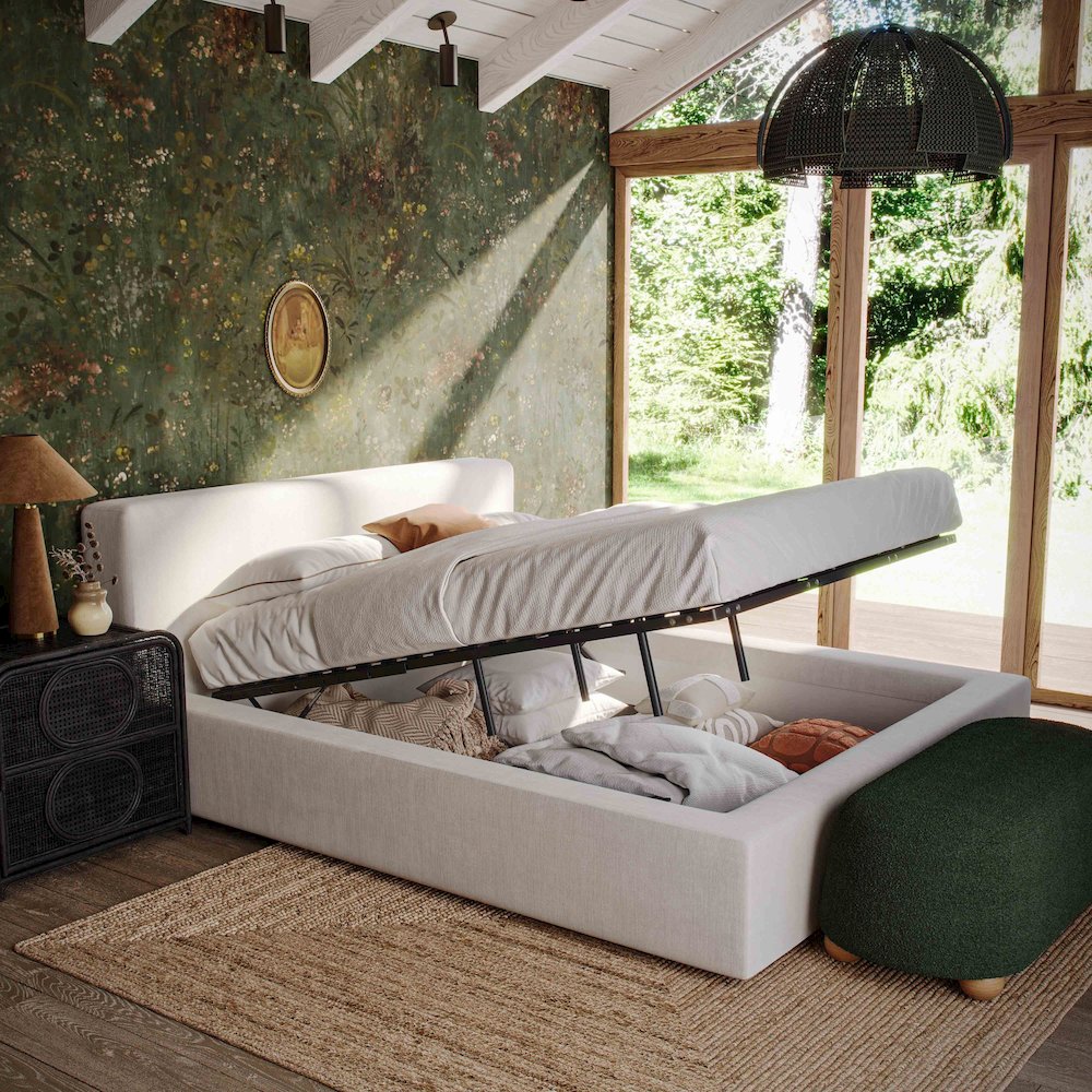 Meena Cream Upcycled Linen Storage Queen Bed. Picture 5