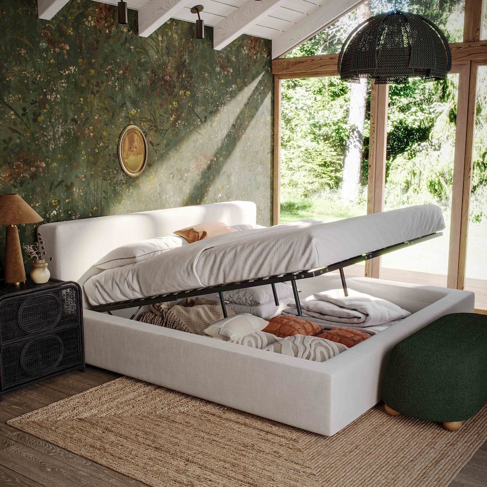 Meena Cream Upcycled Linen Storage King Bed. Picture 7
