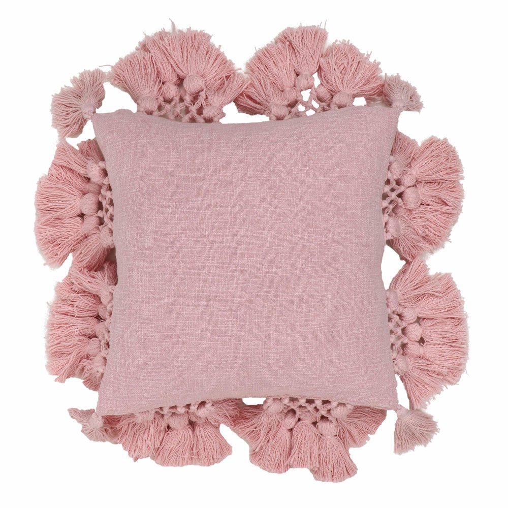 Stone Washed Blush Pink Cotton Tasseled Pillow. Picture 1