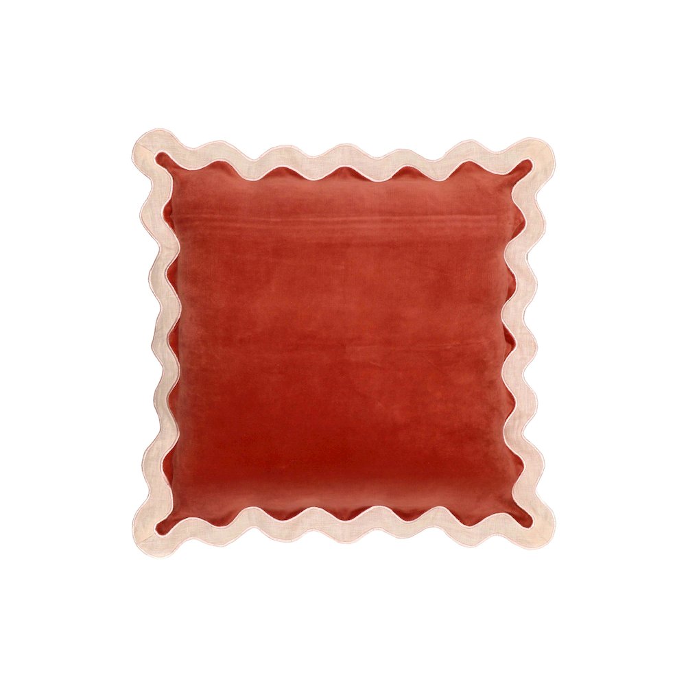 Scalloped Edge Cream and Rust Cotton Velvet Throw Pillow. Picture 1