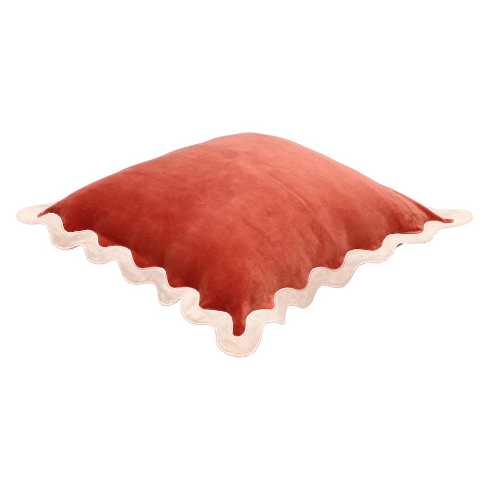 Scalloped Edge Cream and Rust Cotton Velvet Throw Pillow. Picture 3