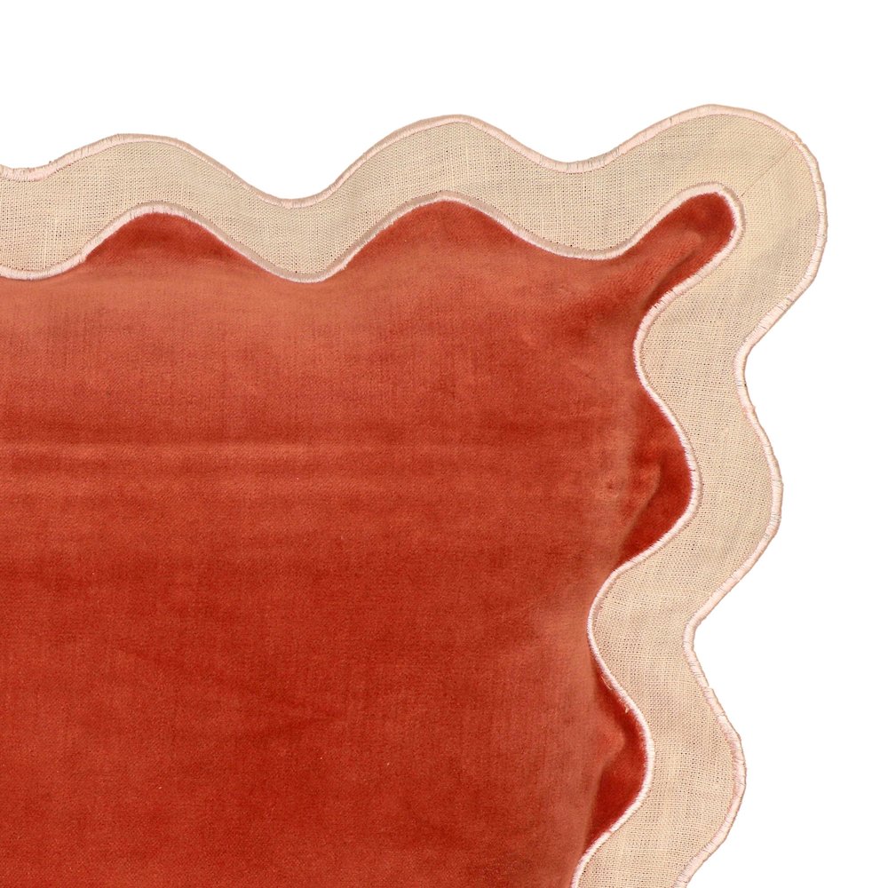 Scalloped Edge Cream and Rust Cotton Velvet Throw Pillow. Picture 5