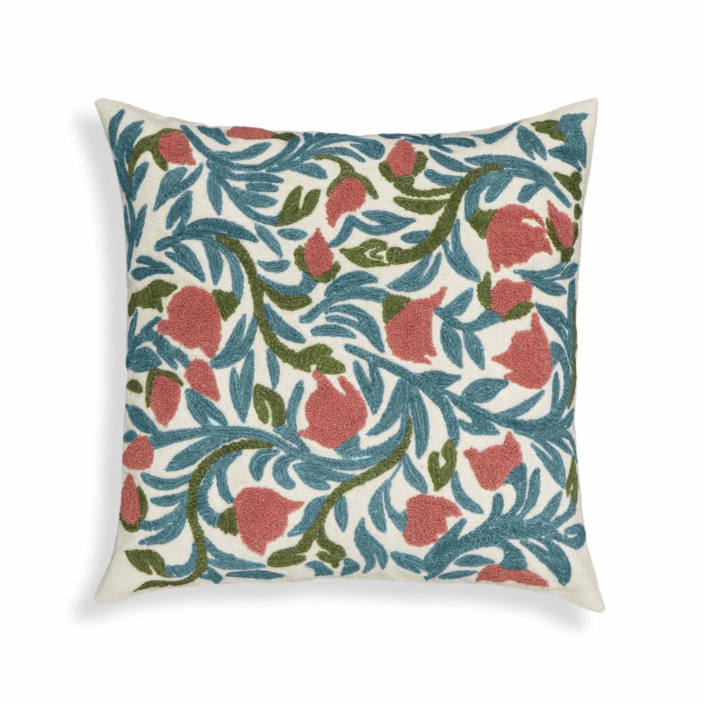 Tulip Embroidered Floral Wool 20 inch Square Accent Cushion. Picture 1