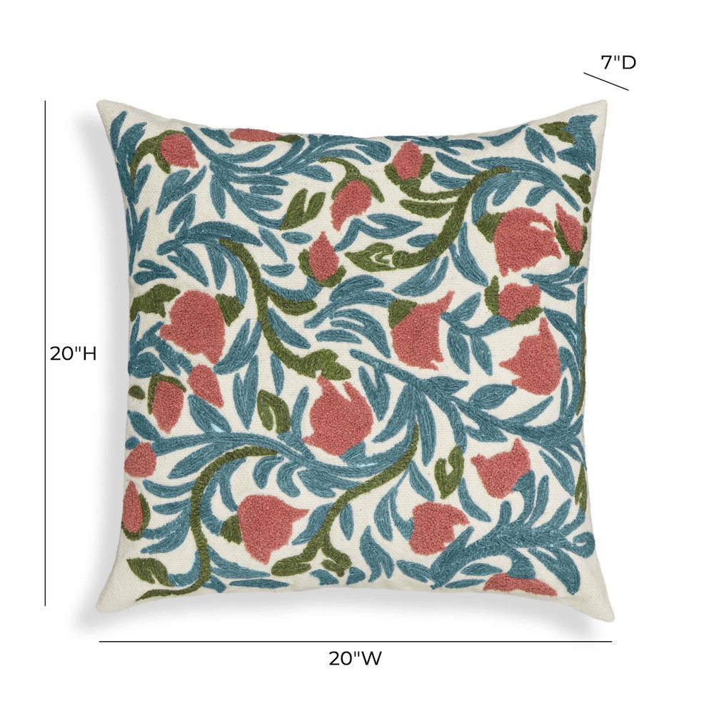 Tulip Embroidered Floral Wool 20 inch Square Accent Cushion. Picture 5