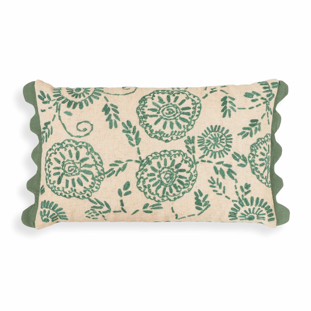 Portia Aqua Embroidered Cotton Flex 20 x 12 inch Accent Cushion. Picture 1