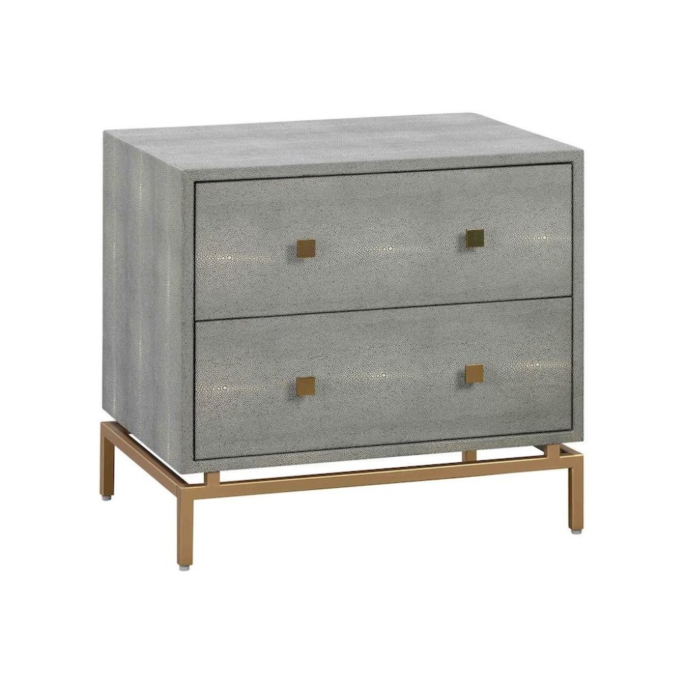 Gray Wood Night Stand With 2 Drawers And Gold Base, Shagreen Textured Finish. Picture 1