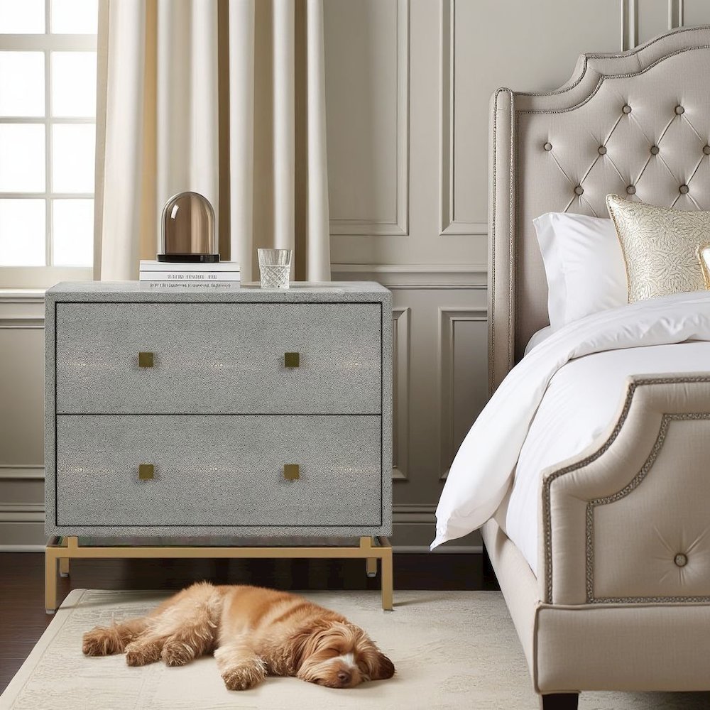 Gray Wood Night Stand With 2 Drawers And Gold Base, Shagreen Textured Finish. Picture 2