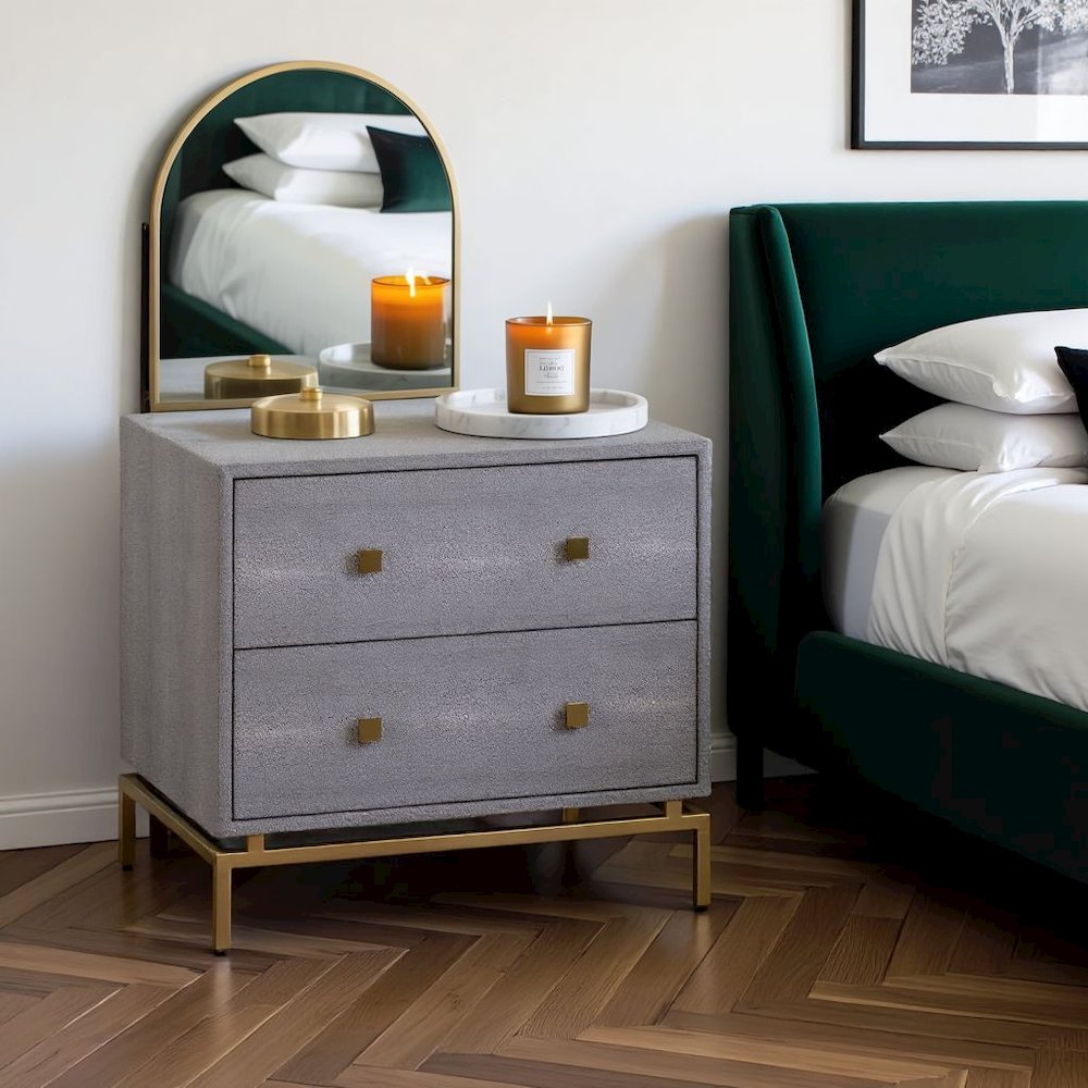 Gray Wood Night Stand With 2 Drawers And Gold Base, Shagreen Textured Finish. Picture 3