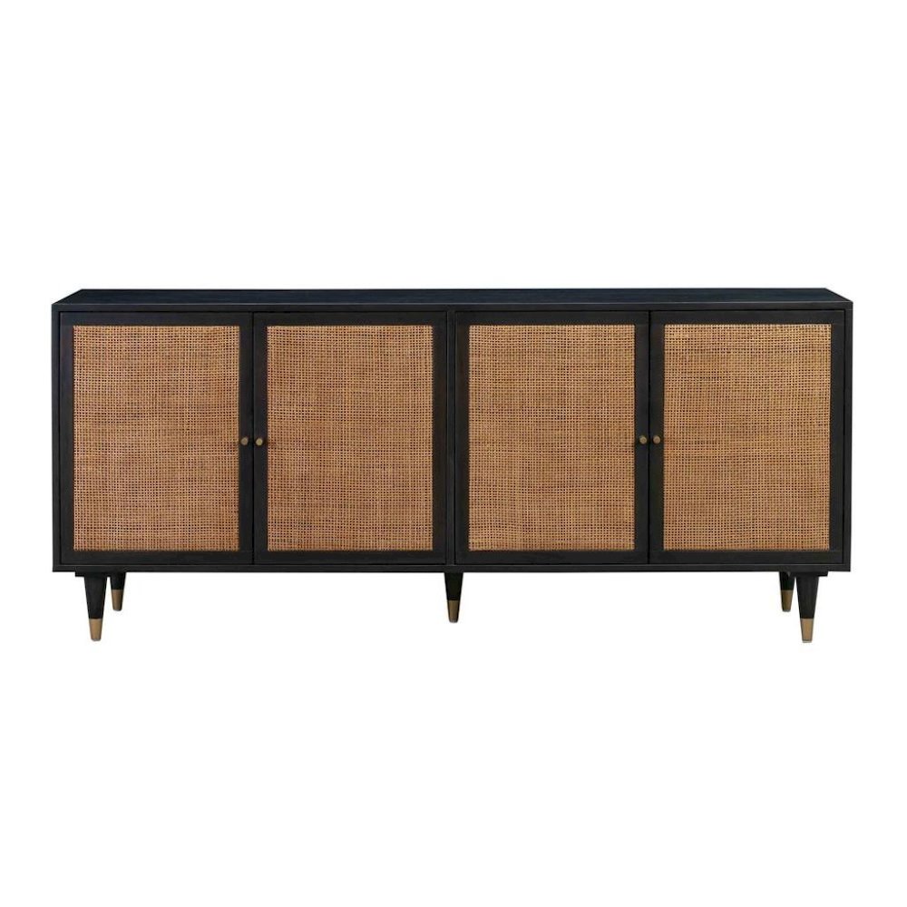 Black Rattan Cabinet With Doors And Brass Accents, A Boho Media Console. Picture 1