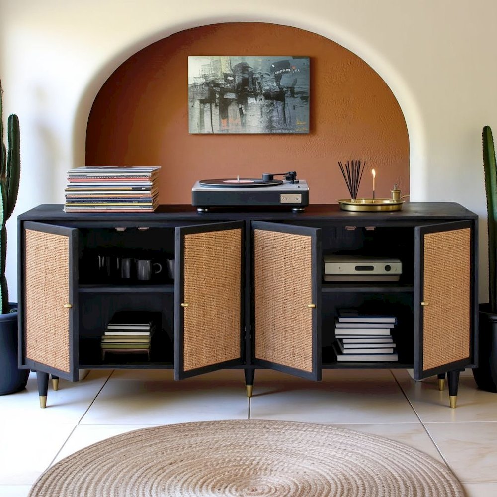 Black Rattan Cabinet With Doors And Brass Accents, A Boho Media Console. Picture 2