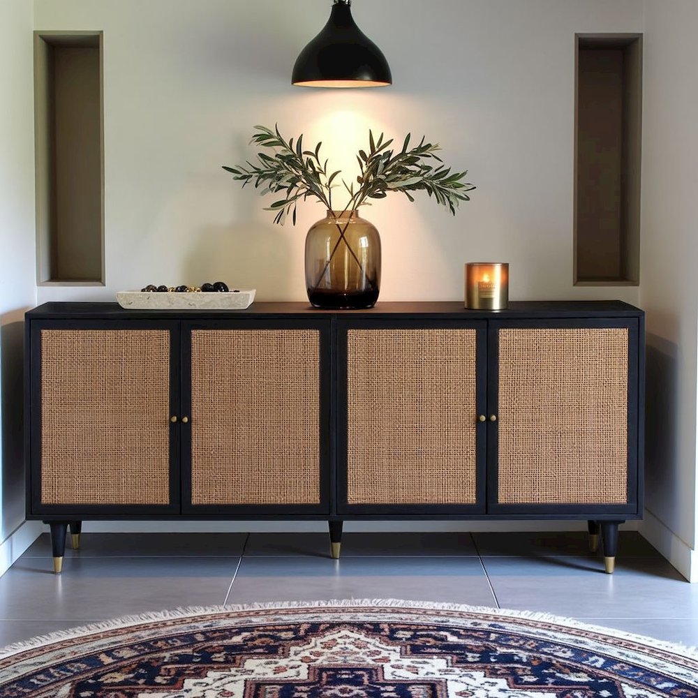 Black Rattan Cabinet With Doors And Brass Accents, A Boho Media Console. Picture 3