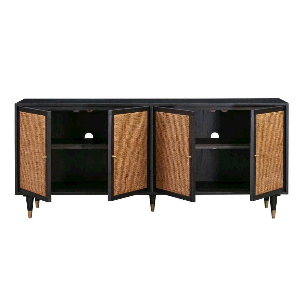 Black Rattan Cabinet With Doors And Brass Accents, A Boho Media Console. Picture 5