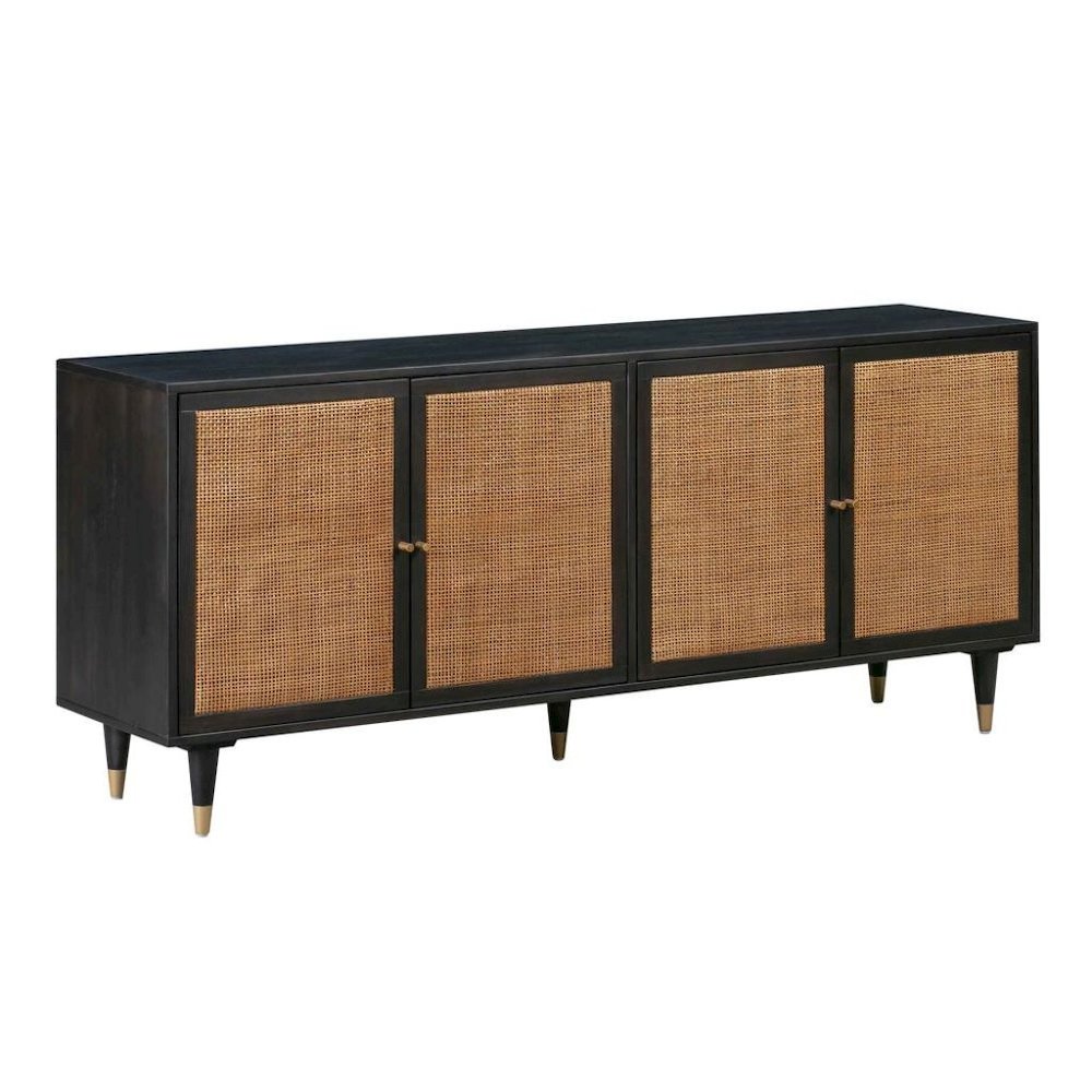 Black Rattan Cabinet With Doors And Brass Accents, A Boho Media Console. Picture 7