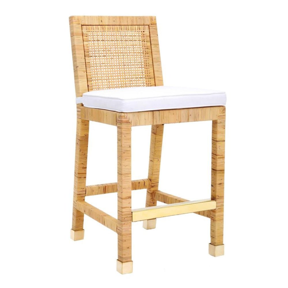 Rattan Counter Stool With White Fabric Seat And Light Wood Framed Back. Picture 1