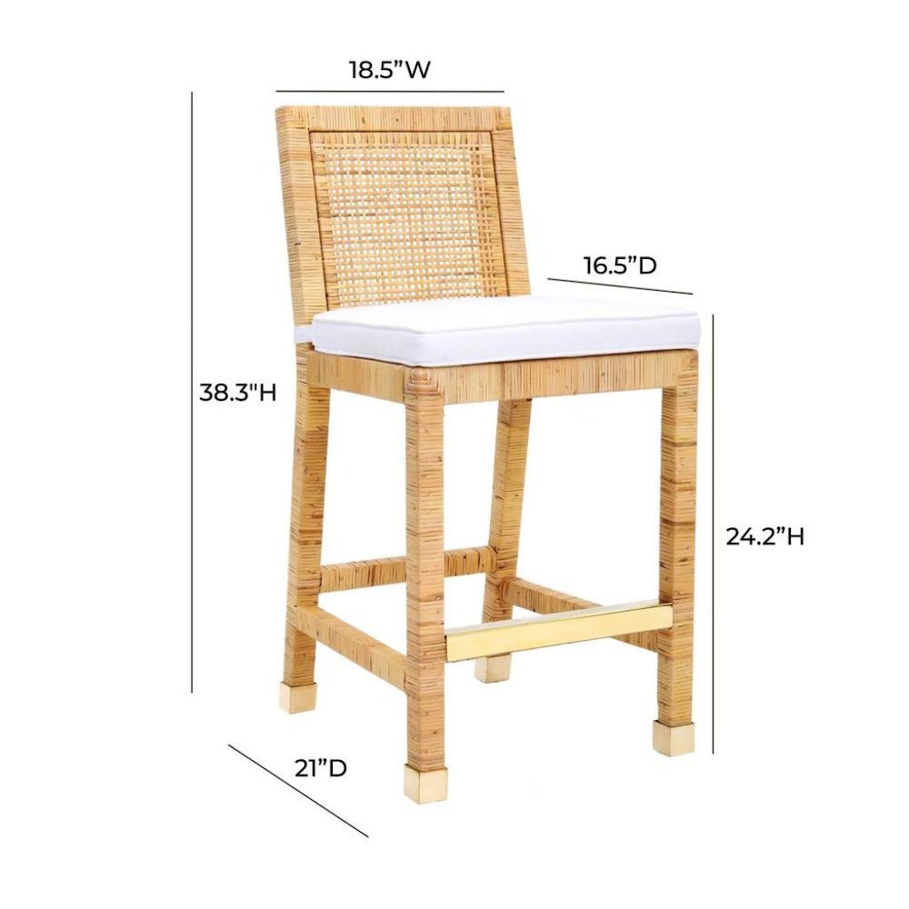 Rattan Counter Stool With White Fabric Seat And Light Wood Framed Back. Picture 10