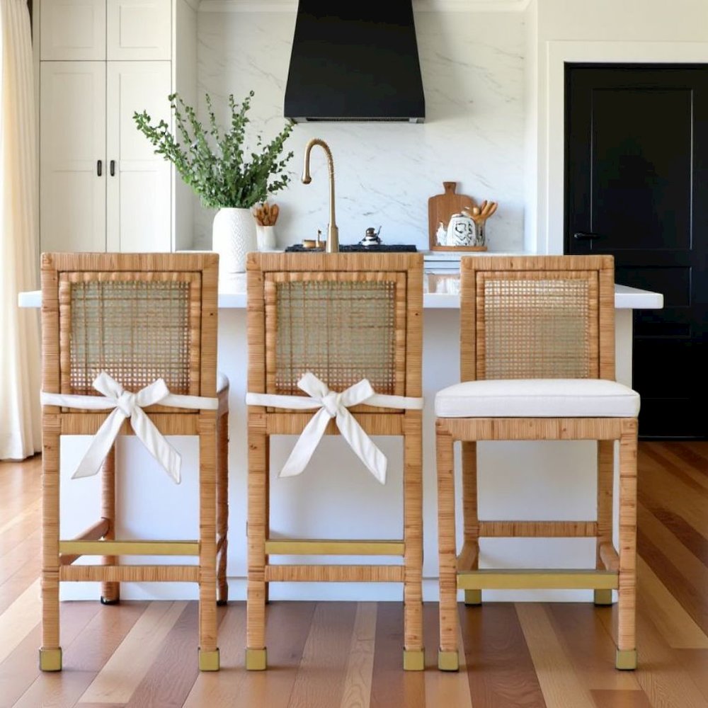 Rattan Counter Stool With White Fabric Seat And Light Wood Framed Back. Picture 2
