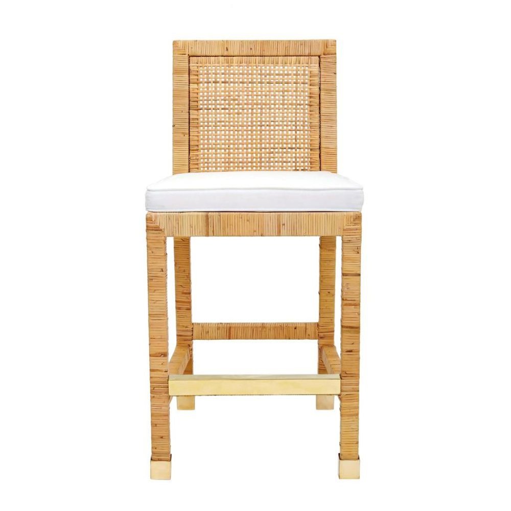 Rattan Counter Stool With White Fabric Seat And Light Wood Framed Back. Picture 4