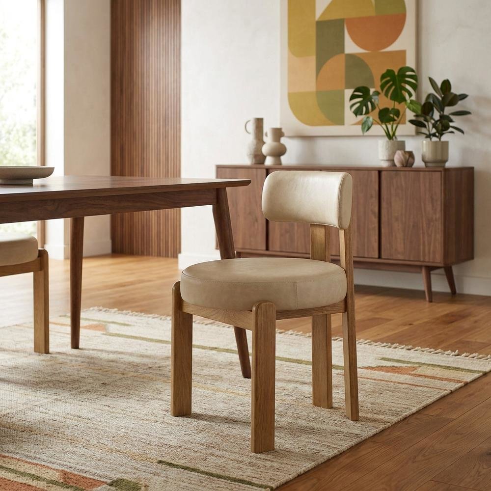 Faux Leather Dining Chair with Oak Legs for Dining Room, Cream. Picture 2