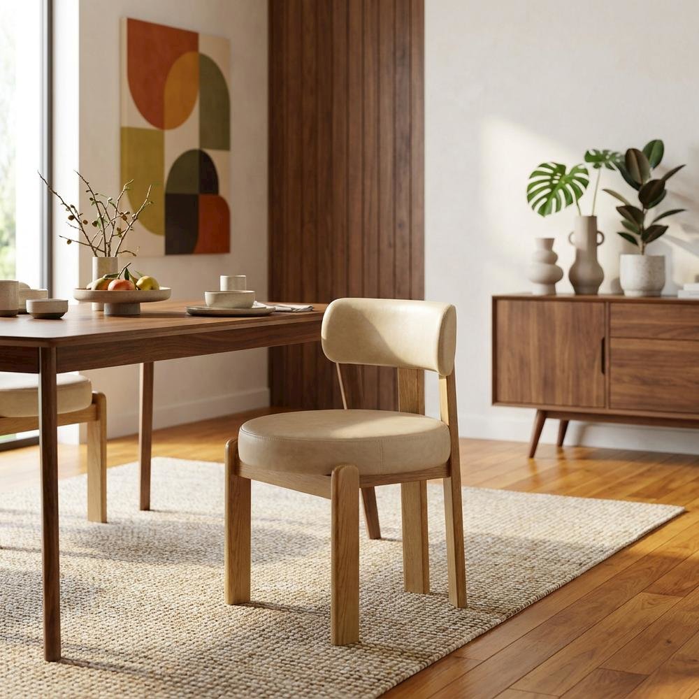 Faux Leather Dining Chair with Oak Legs for Dining Room, Cream. Picture 4