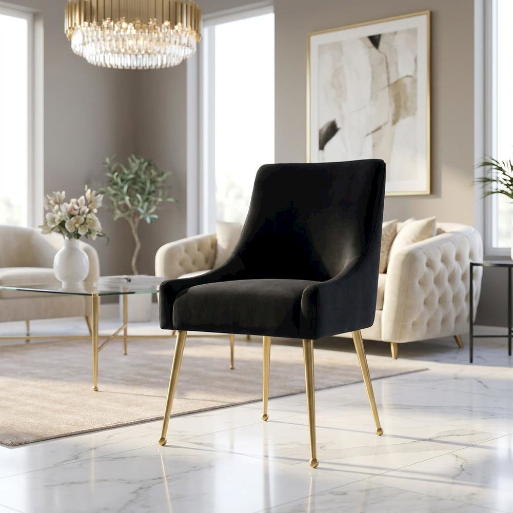 Velvet Upholstered Dining Chair with Gold Legs, Black. Picture 2