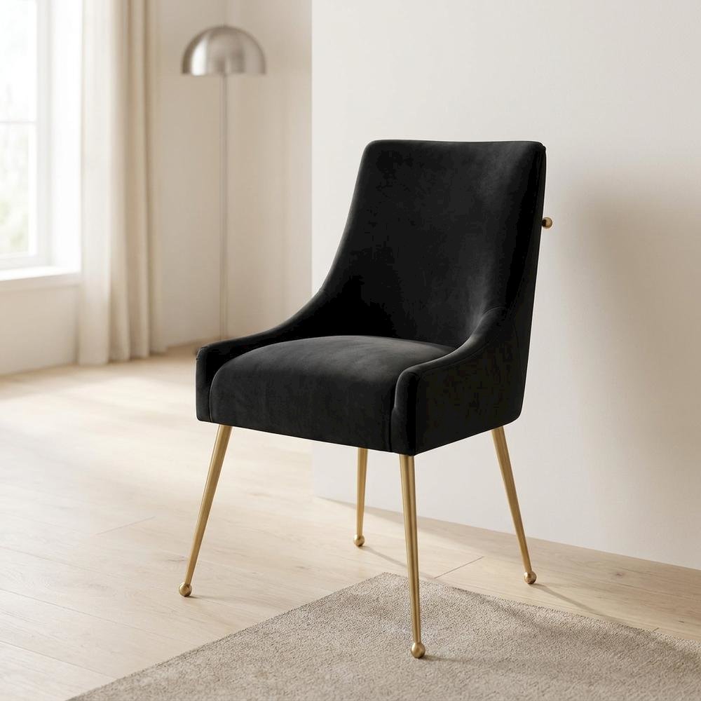 Velvet Upholstered Dining Chair with Gold Legs, Black. Picture 4